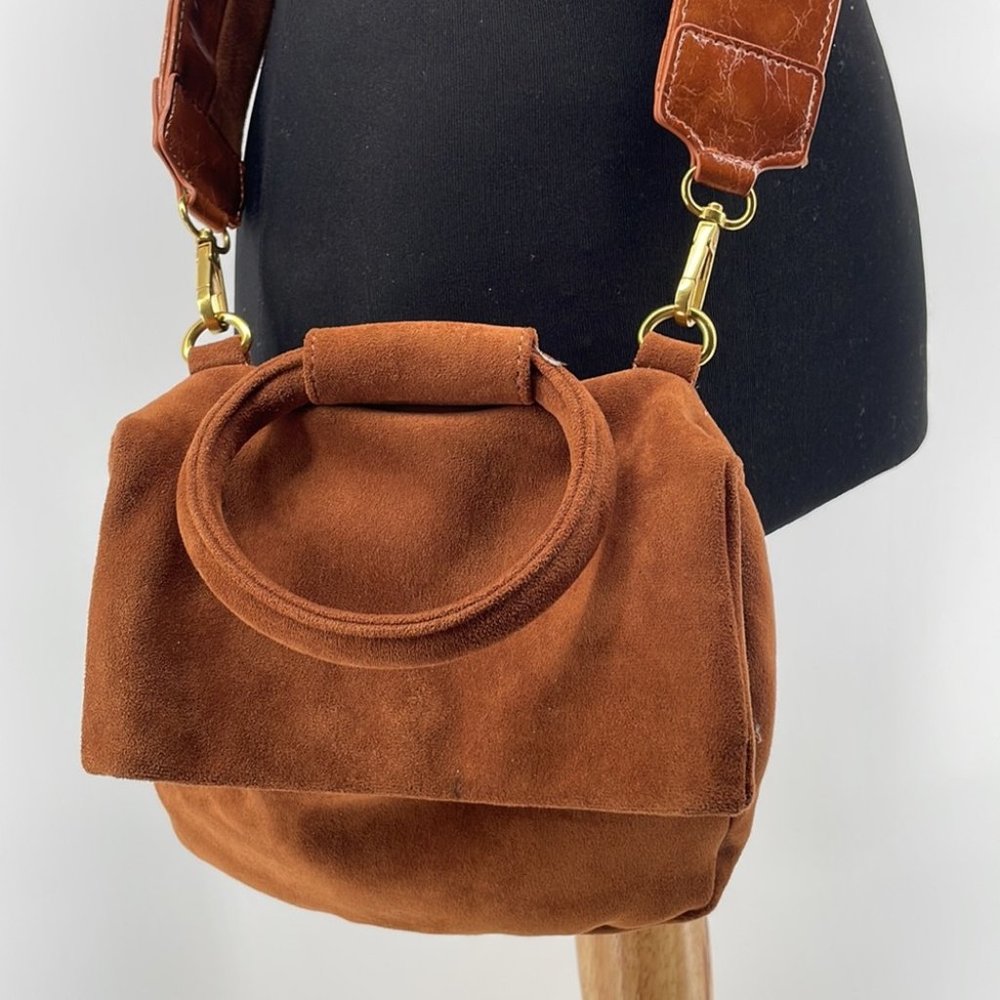 Anthropologie Cocoa Blake Wide Strap faux Suede Leather Crossbody Bag brown - Picture 2 of 13